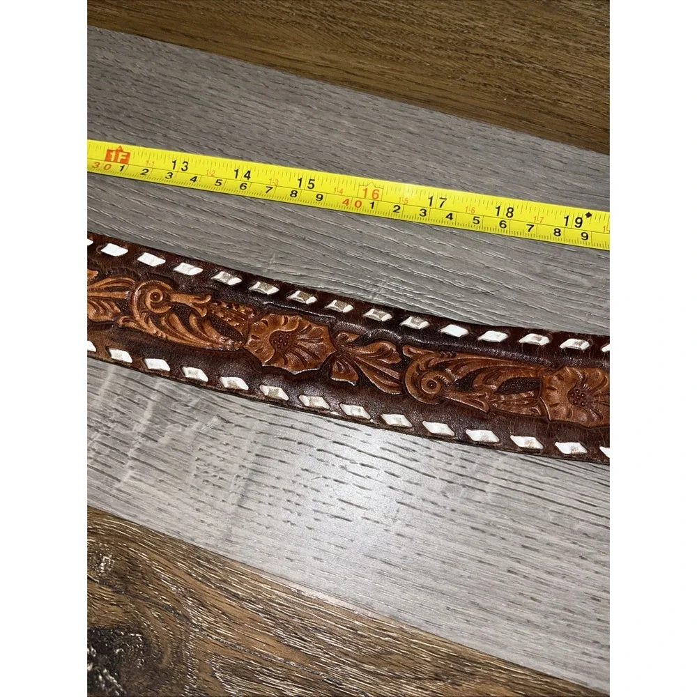 Vtg Tex-Made Tooled Leather Western Belt Size 38 Eagle Laced Snap On No Buckle